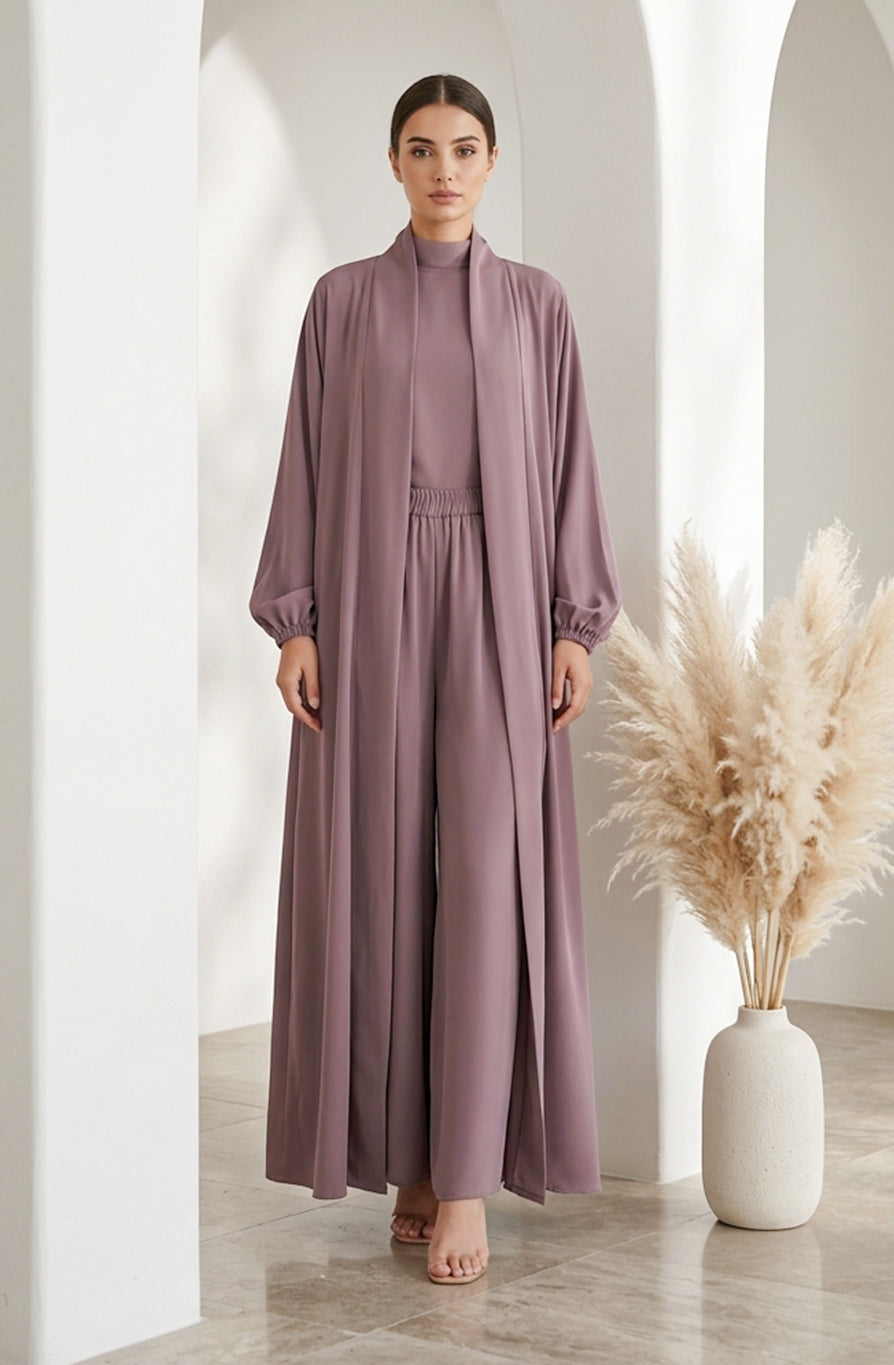 Modern Dusty Rose Abaya with Elastic-Waist Trousers BE