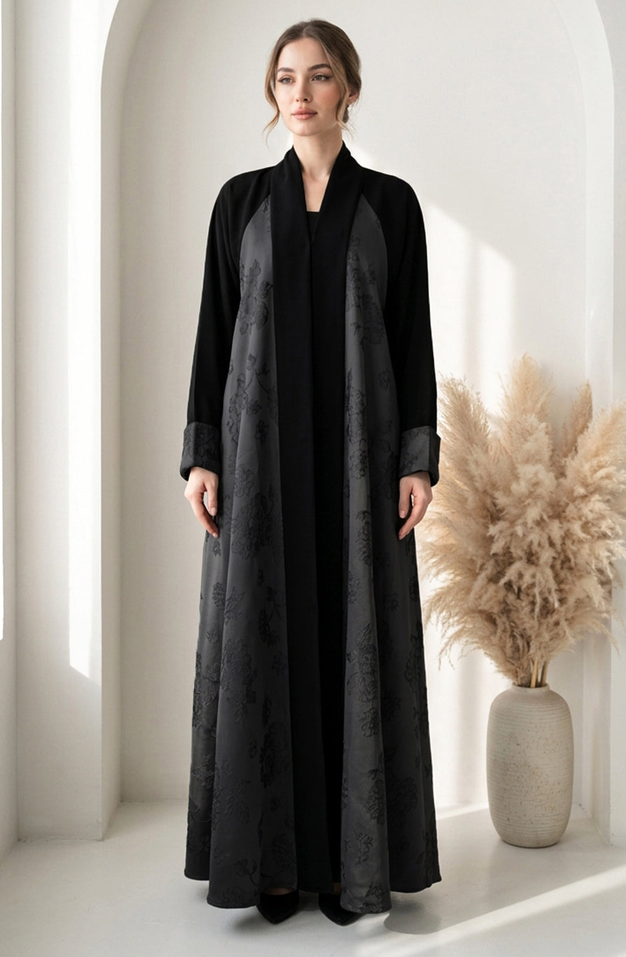 Monochrome Floral Jacquard Open Abaya BE