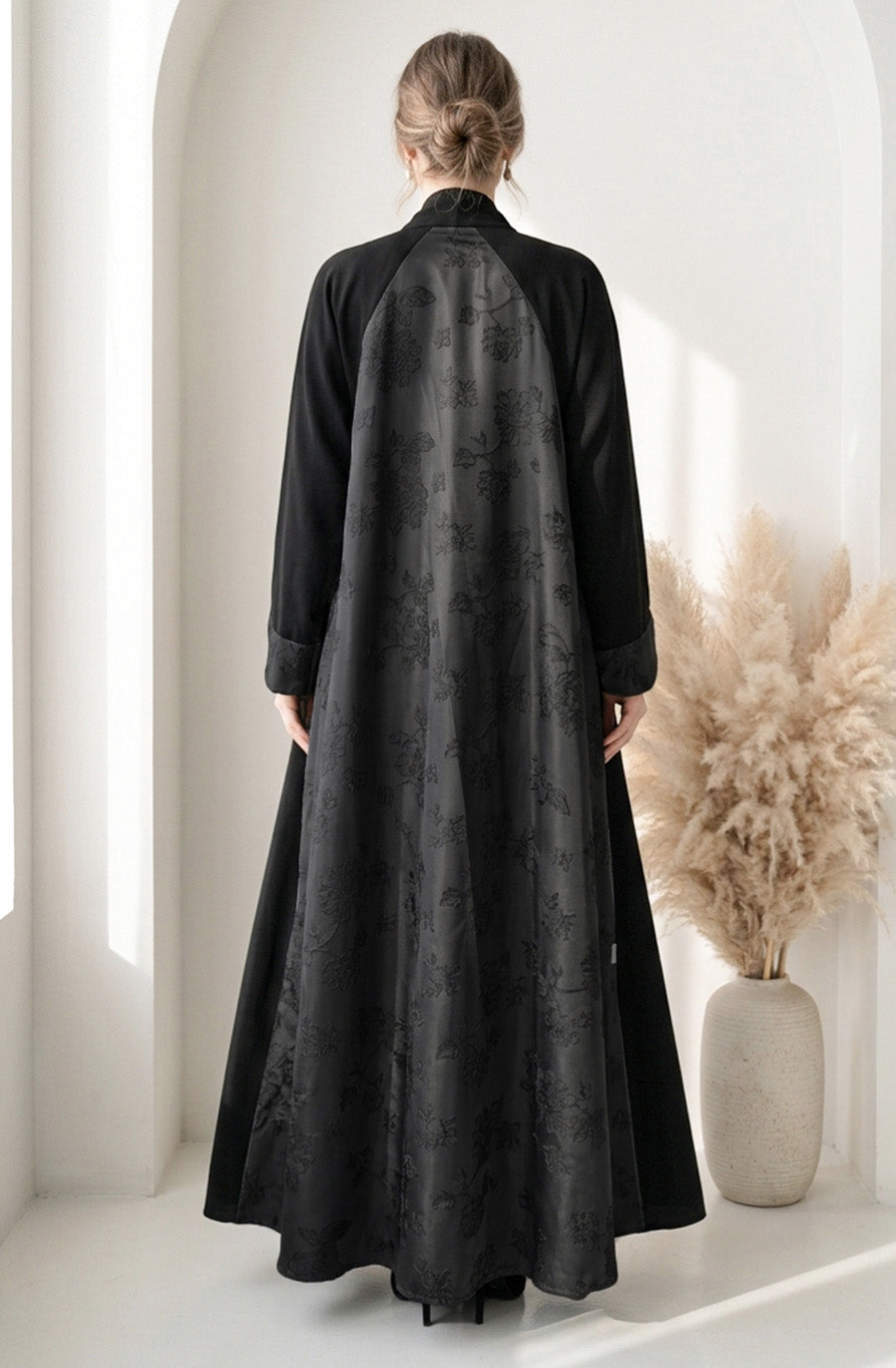 Monochrome Floral Jacquard Open Abaya BE