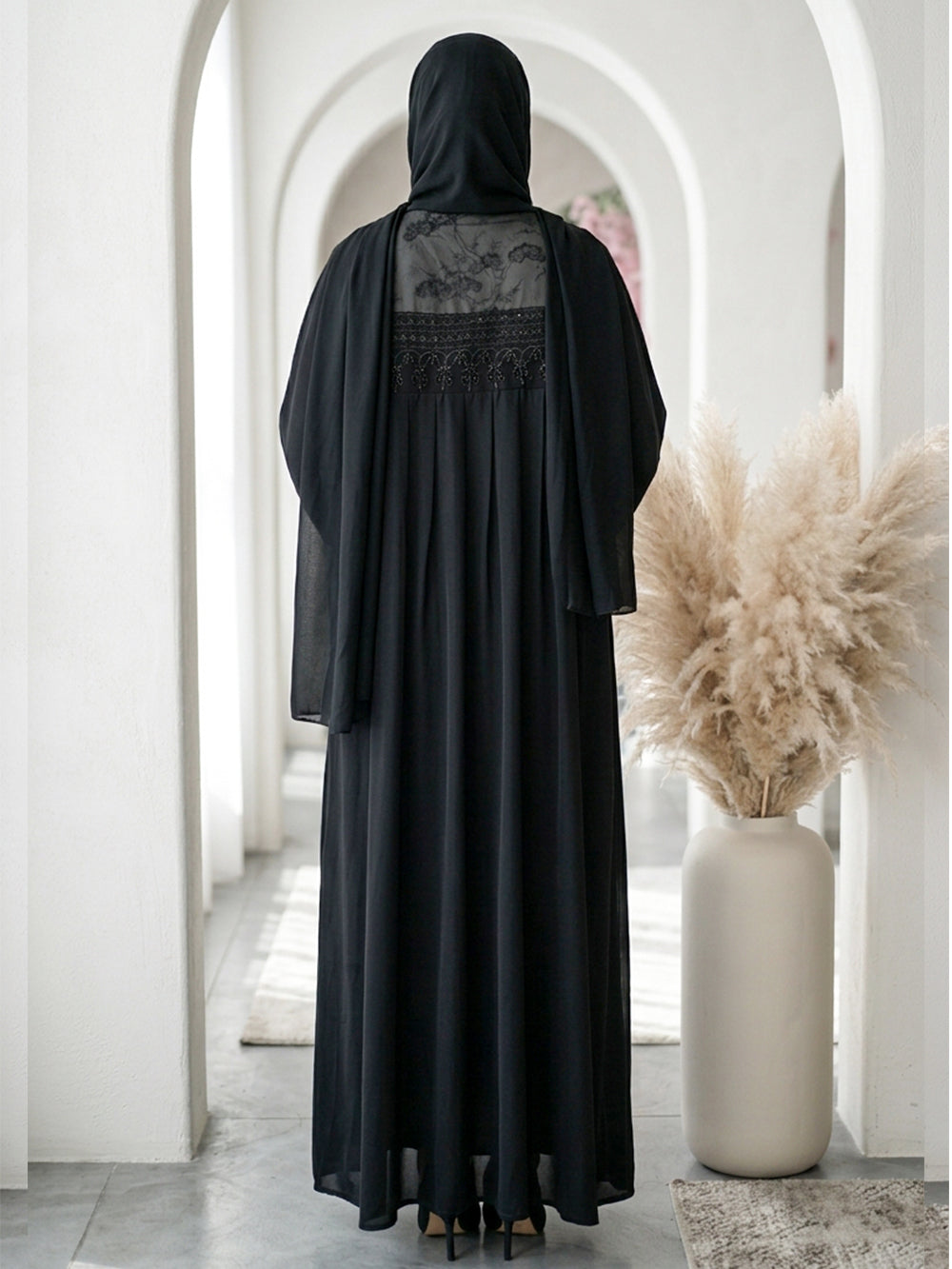 Noir Floral-Beaded Open Abaya BE