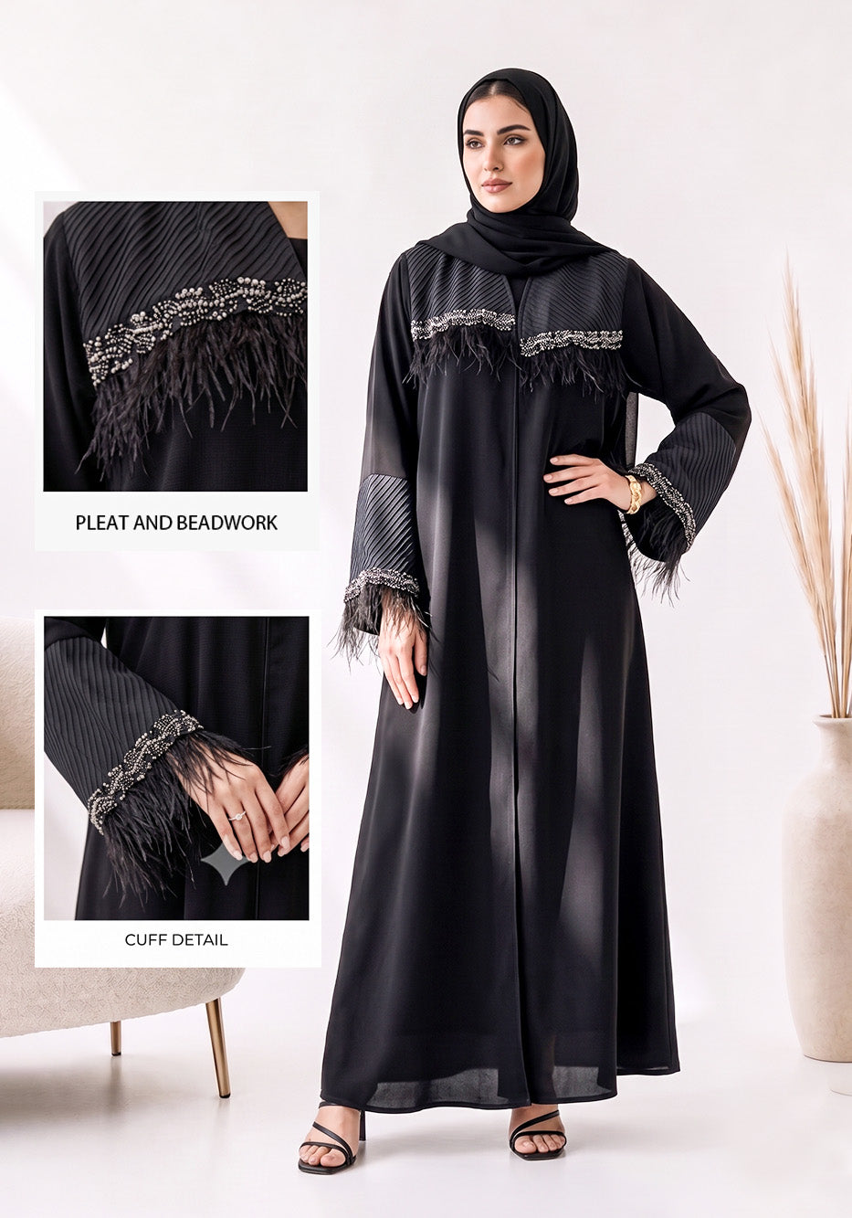 BE Midnight Feather-Embellished Abaya BE