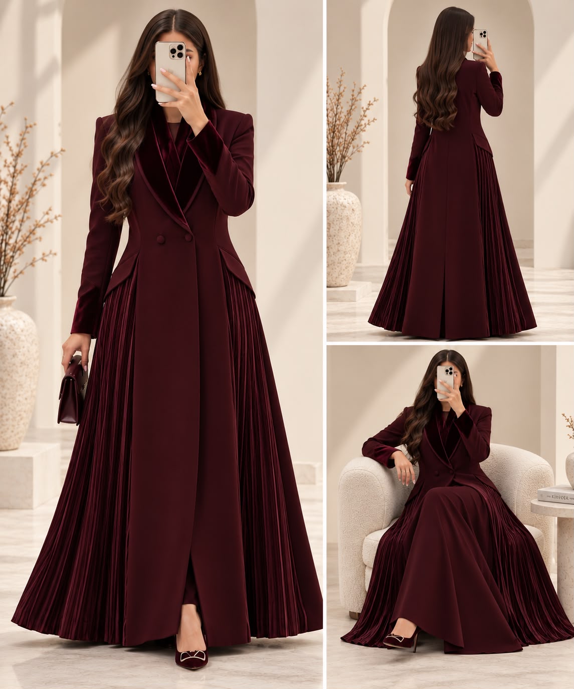 BE Monarch Burgundy Pleated Hybrid Coat-Abaya BE