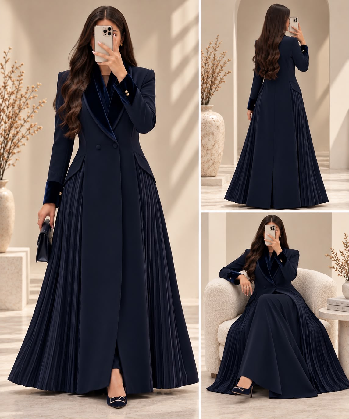 BE Midnight Navy Pleated Velvet-Accent Abaya BE