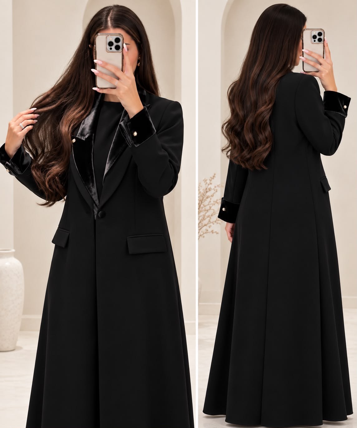 BE Velvet-Trimmed Tailored Blazer Abaya BE