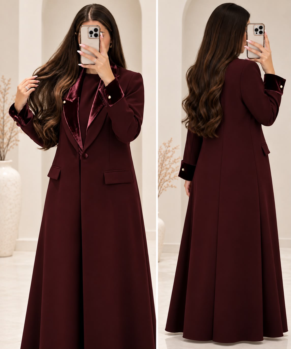 BE Velvet-Trimmed Burgundy Blazer Coat Abaya BE