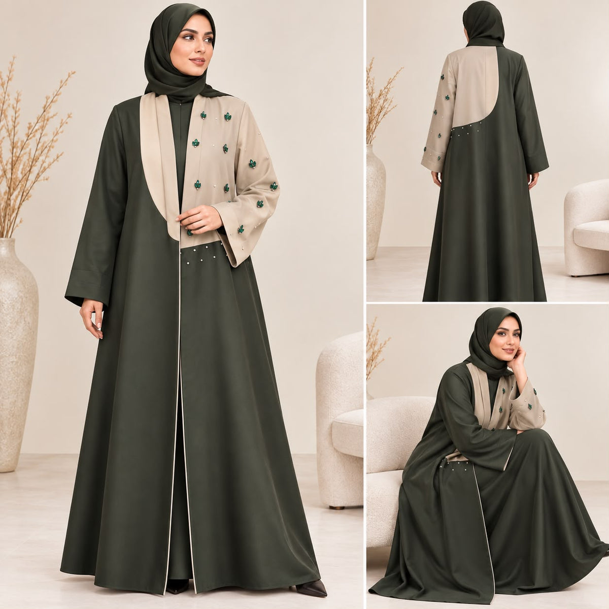 BE Emerald & Sand Two-Tone Embellished Abaya BE