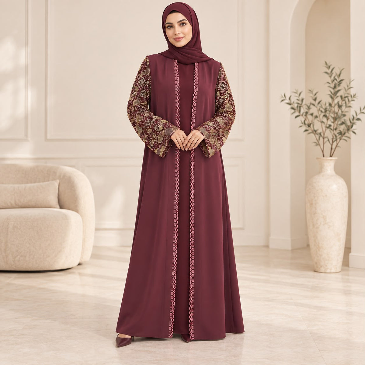 BE Royal Burgundy Lace Abaya BE