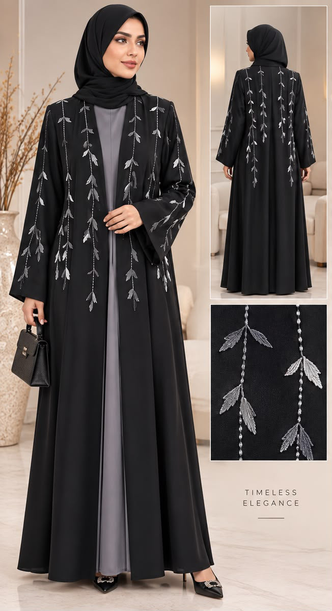 BE Silver Vine Embroidered Open Abaya BE
