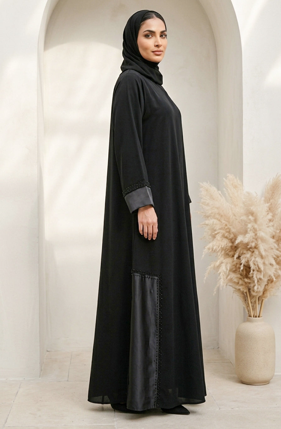 BE Black Satin-Trimmed Beaded Abaya BE
