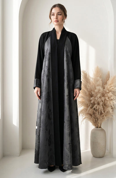 Monochrome Floral Jacquard Open Abaya BE