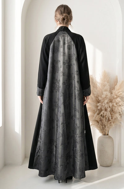 Monochrome Floral Jacquard Open Abaya BE