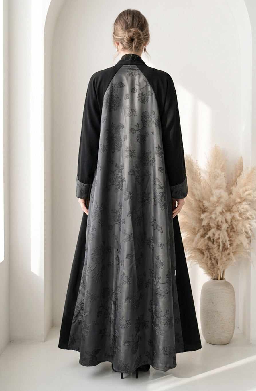 Monochrome Floral Jacquard Open Abaya BE
