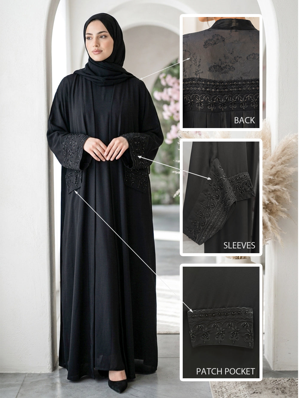 Noir Floral-Beaded Open Abaya BE