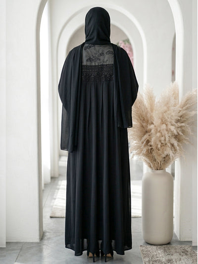 Noir Floral-Beaded Open Abaya BE