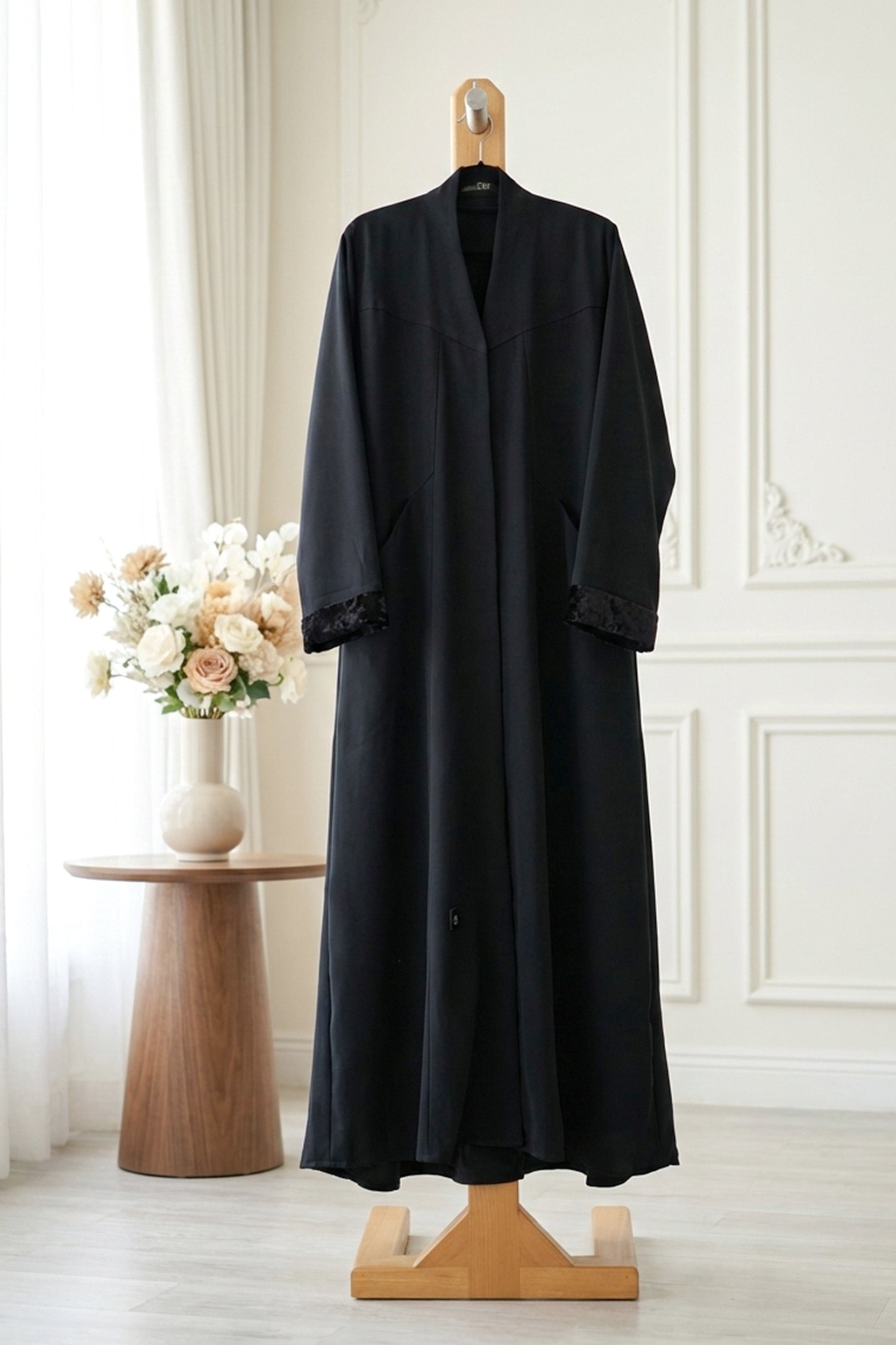 Midnight Velvet-Trim Abaya