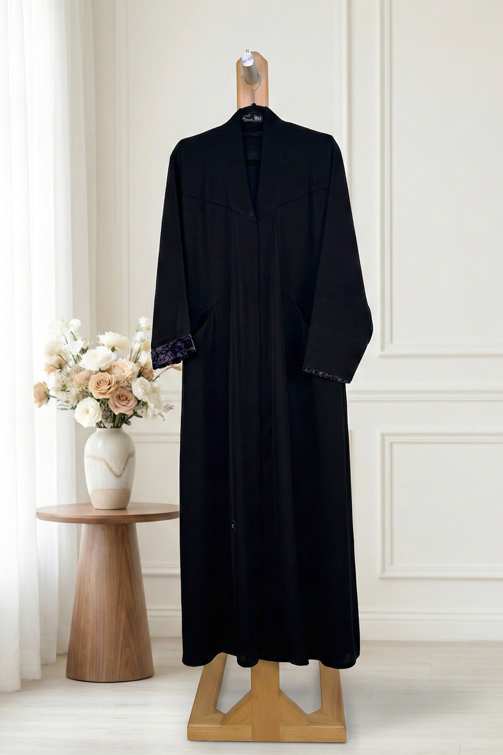 Midnight Velvet-Trim Abaya