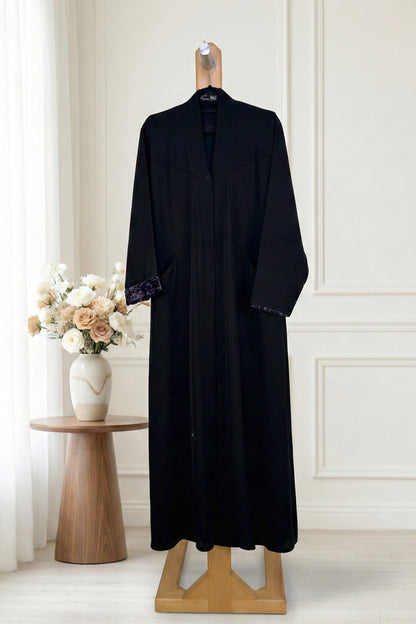 Midnight Velvet-Trim Abaya