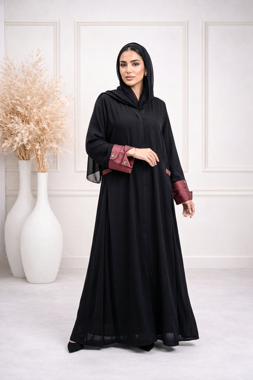 BE Maroon-Cuff Silhouette Abaya BE