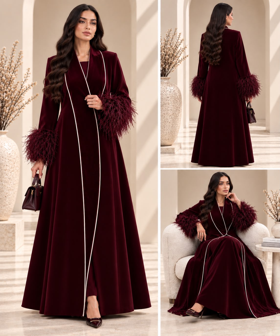 BE Burgundy Velvet Feather-Cuff Abaya BE