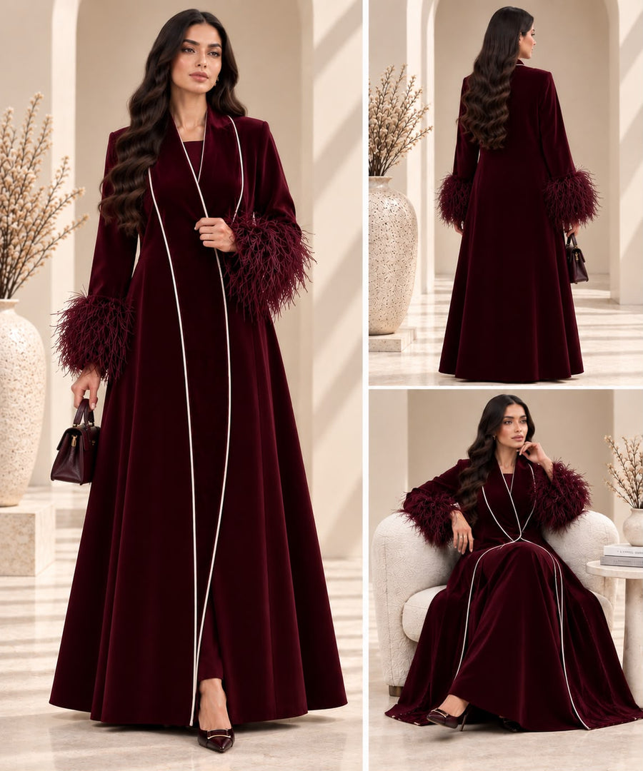 BE Burgundy Velvet Feather-Cuff Abaya