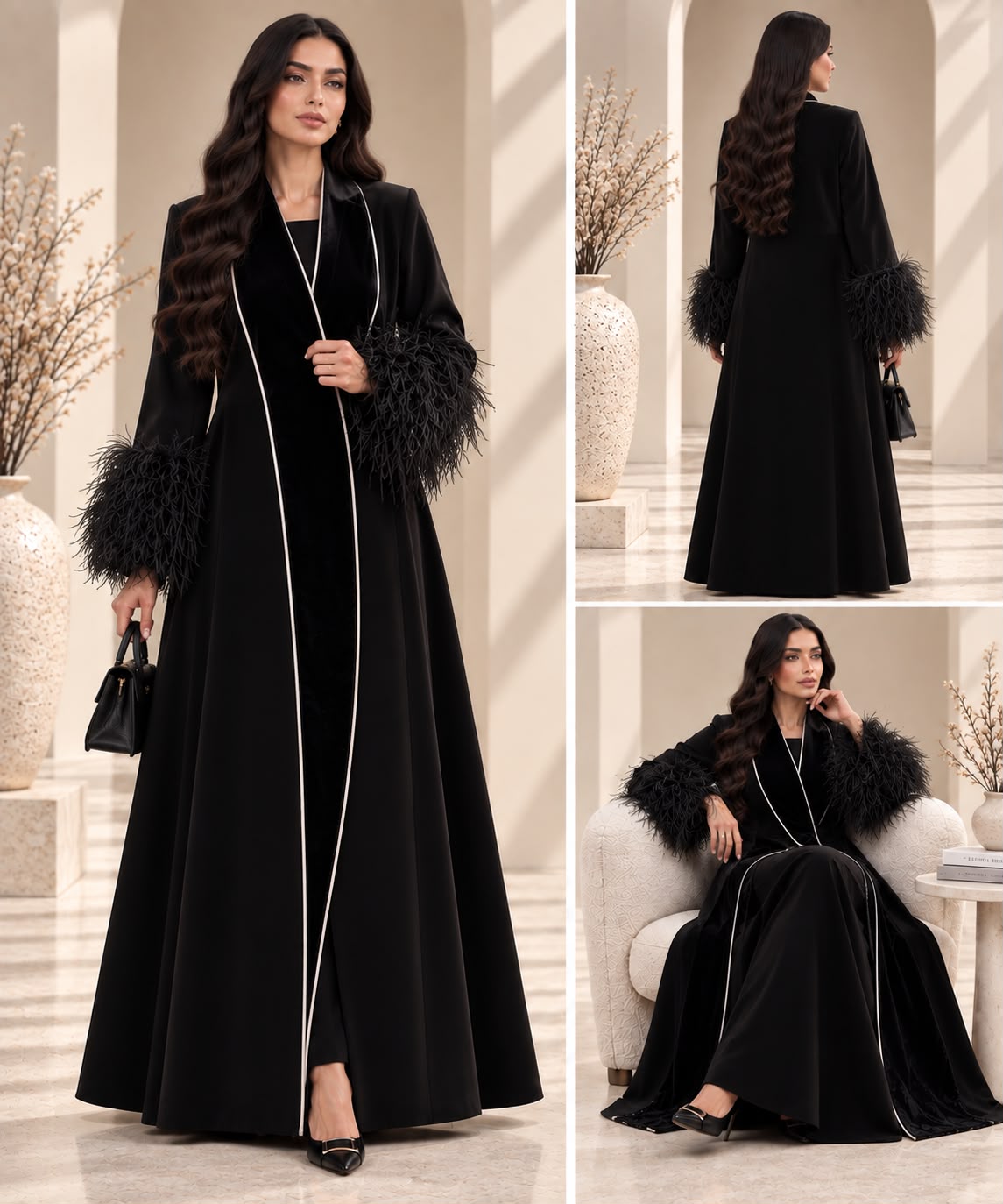 BE Feather-Cuff Velvet Lapel Abaya BE