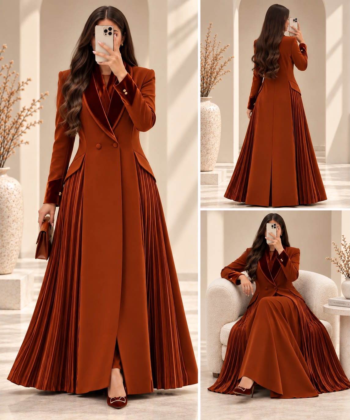 BE Rust Velvet-Trimmed Pleated Blazer Abaya BE
