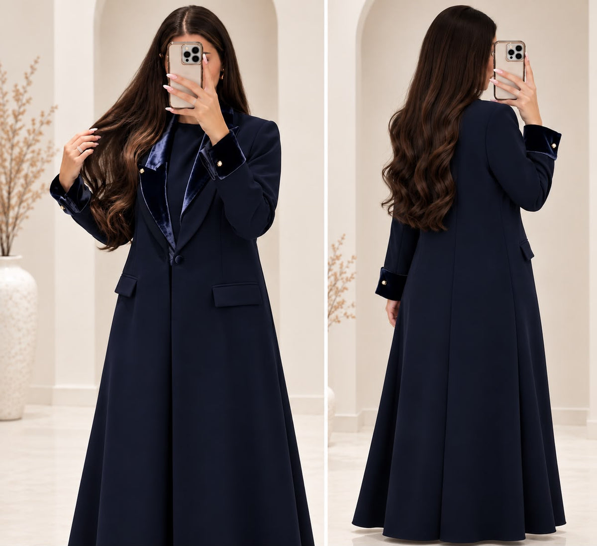 BE Midnight Navy Velvet-Lapel Coat Abaya BE