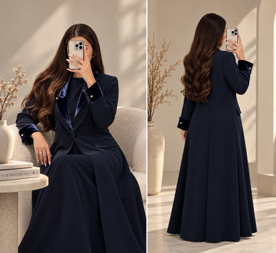 BE Midnight Navy Velvet-Lapel Coat Abaya BE