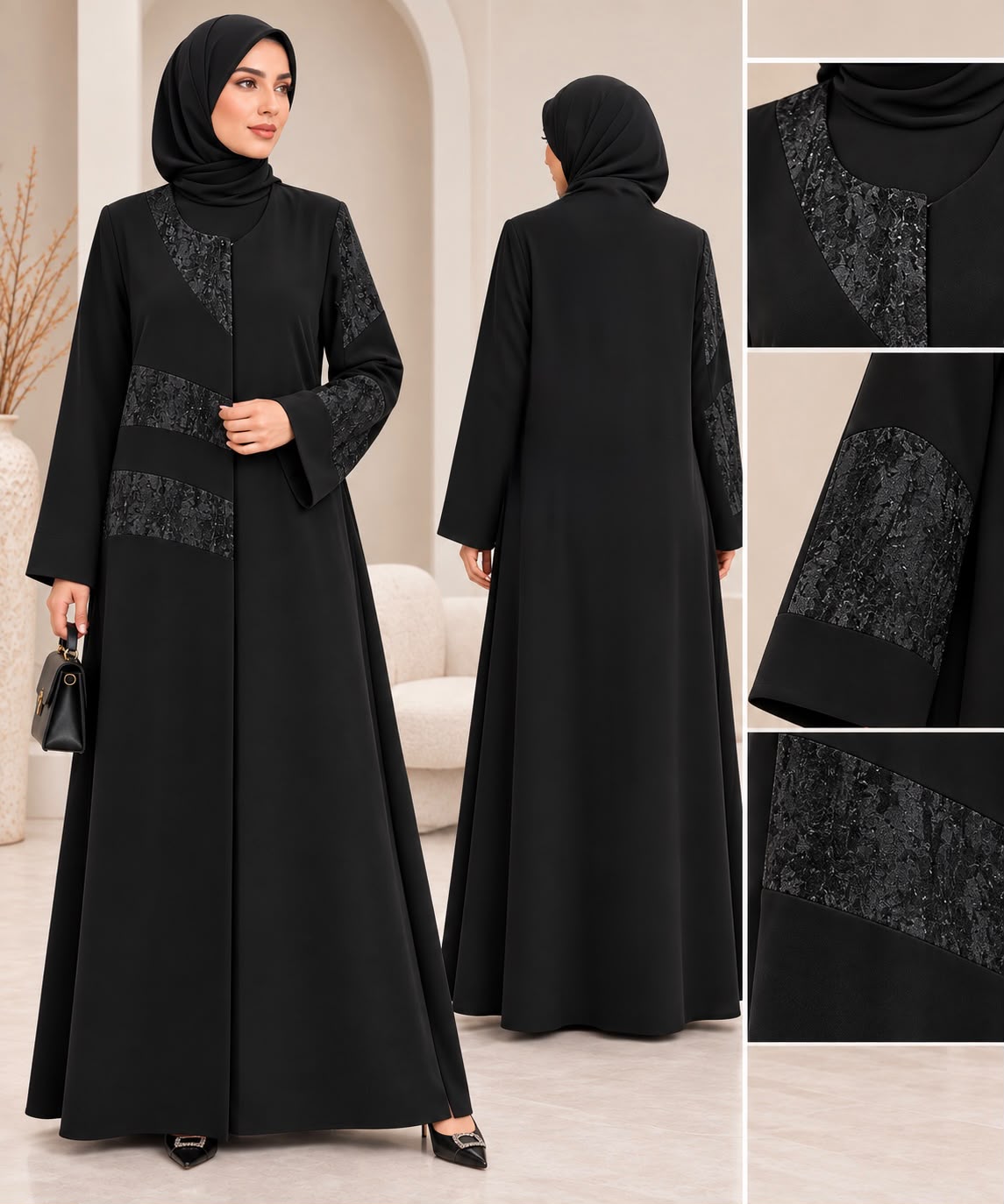 BE Elise Textured Panel Black Abaya BE