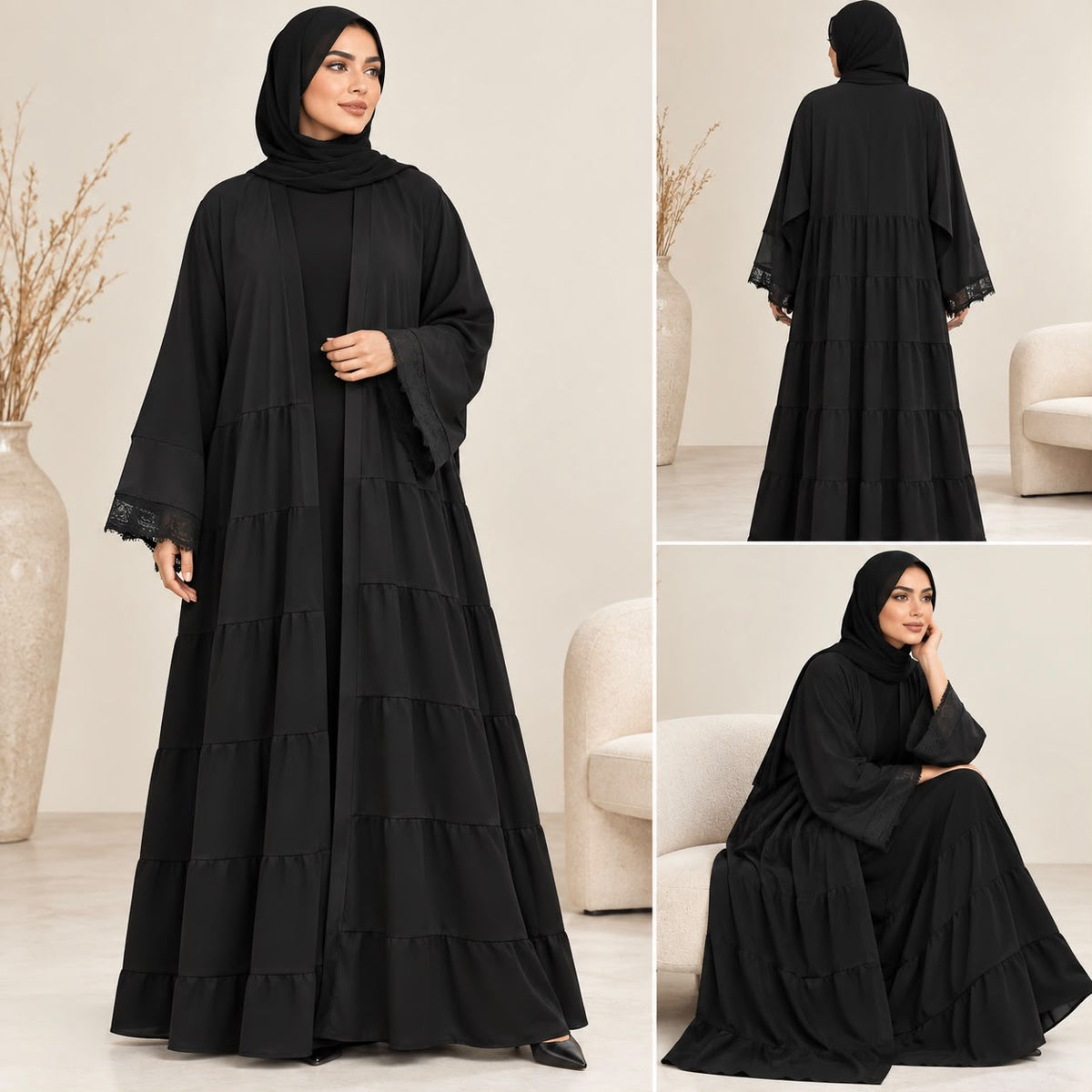 BE Classic Black Tiered Open Abaya BE