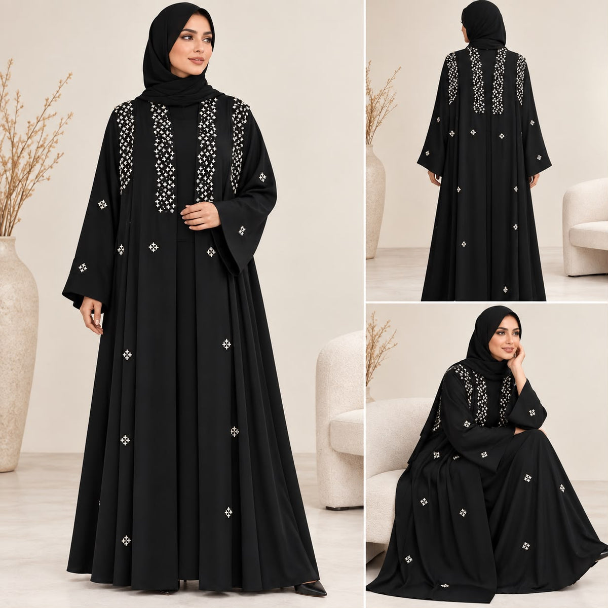 BE Celestial Embellished Black Open-Front Abaya BE